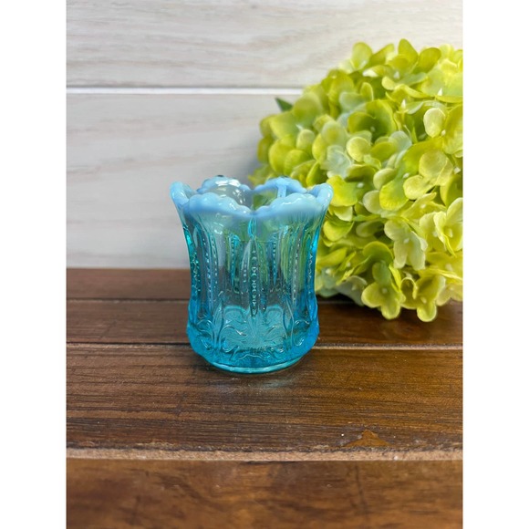Antique Jefferson Blue Opalescent Glass Iris and Meander Toothpick Holder - Picture 4 of 5